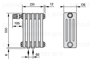 Схема (чертеж) Радиатор Zehnder Charleston 4055/5 №V007 Белый глянцевый RAL 9016